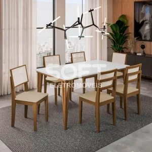 CJ MESA 6C DOBUE SAFIRA 160X90 C/VIDRO CAD SAFIRA IMBUIA/BRANCO OFF/AREIA LINHO