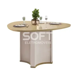 MESA DJ CHANEL 136X136 TAMPO ORGANICO C/VIDRO OFF WHITE/DOURADO