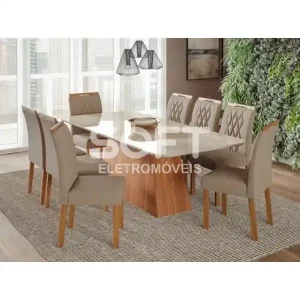 CJ MESA 8C CIMOL HELENA RETANGULAR 210X100 C/VDO CAD. JULIANA CINAMOMO/OFF WHITE/LINHO BEGE