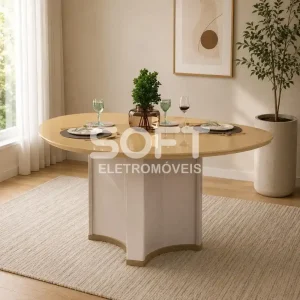 MESA DJ CHANEL 136X136 TAMPO ORGANICO C/VIDRO OFF WHITE/DOURADO