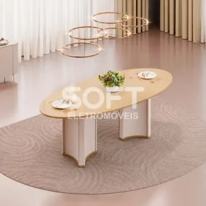 MESA DJ LIZ 218X108 TAMPO ORGANICO C/VIDRO OFF WHITE/DOURADO