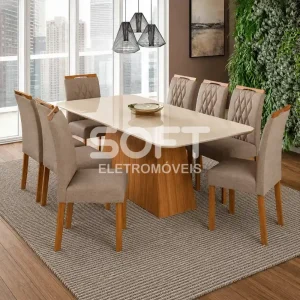 CJ MESA 8C CIMOL HELENA RETANGULAR 210X100 C/VDO CAD. JULIANA CINAMOMO/OFF WHITE/LINHO BEGE
